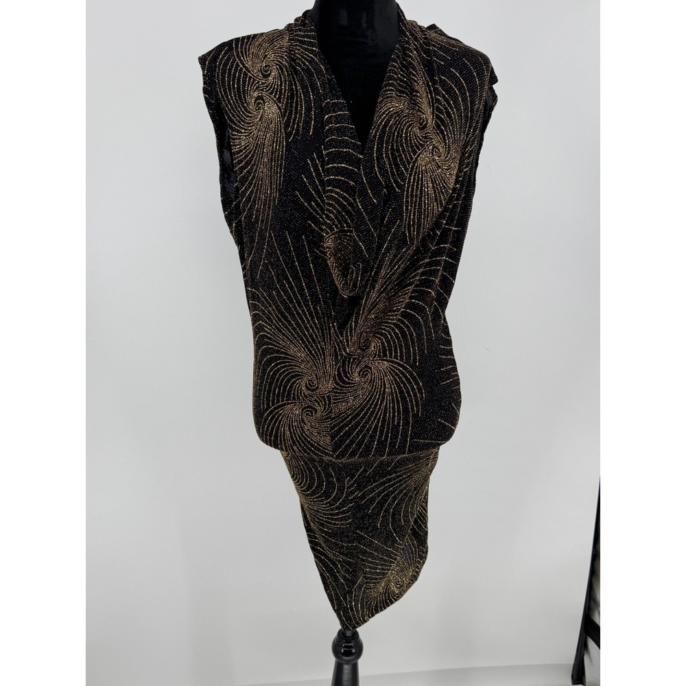 Vtg Monaco Women's Lg Black/Gold Plunging Neck Sleeveless Cocktail Dress Fitted